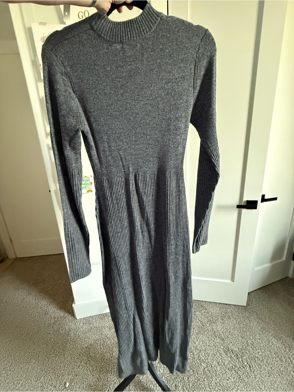 STAUD Gray Ribbed Long-Sleeve Knit Dress
